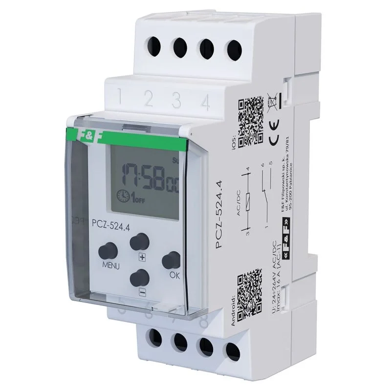 F&F Zegar programowalny astronomiczny PCZ-524.4 PLUS zasilanie: 24÷264 V AC/DC, 1-kanałowy, wejście do przycisku, NFC, ANDROID i iOS Łatwy zwrot